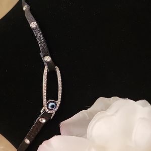 Leather Stripe Necklace/Collar White Chrystal Stud Hook Evil Eye Protection Bead